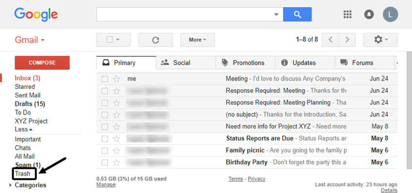 Find and open Gmail Trash folder