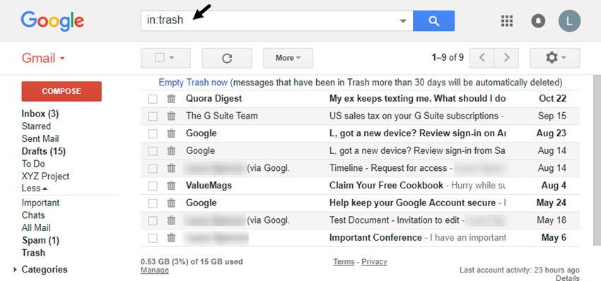 Open Gmail Trash folder