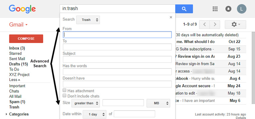 Gmail Advanced Search dialog box