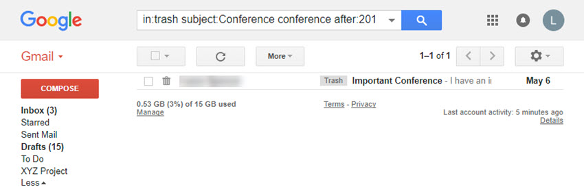 Gmail Trash folder search results