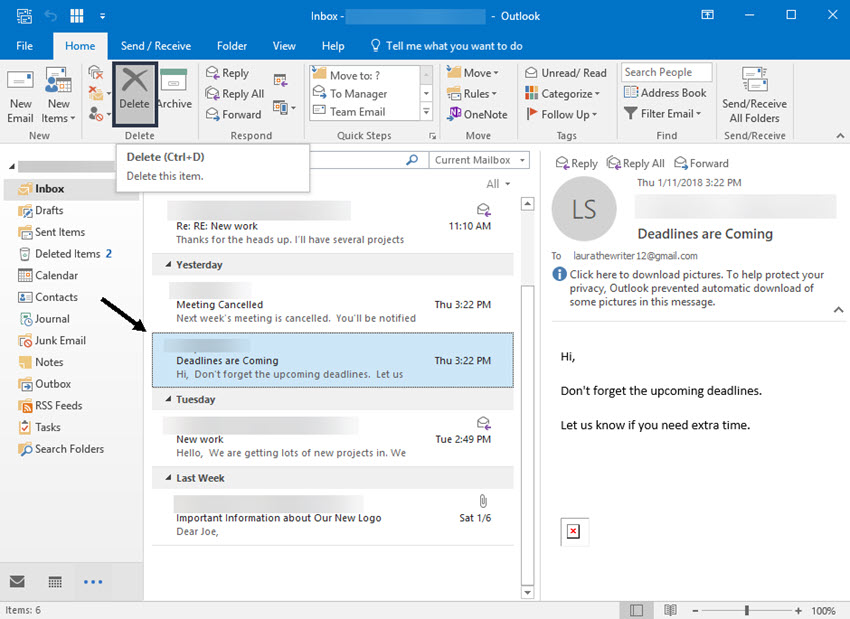 Deleting an old message in MS Outlook