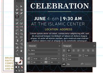 add dummy text using type tool dont style size leading tracking align center