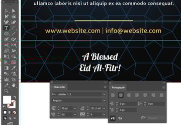 Add eid Al Fitr Holiday Greeting type tool align center lobster regular style 