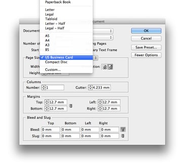 US business card page size