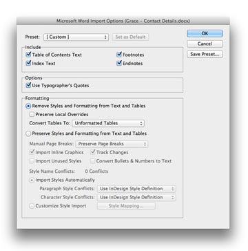 import options window