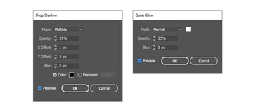settings for Drop Shadow and Outer Glow effects