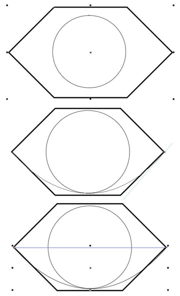Draw a circle and a curve inside the hexagon