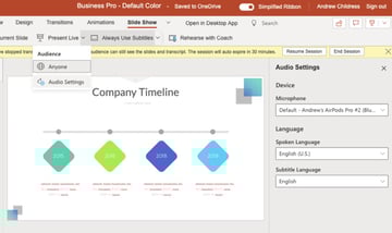 Audio settings in presentation