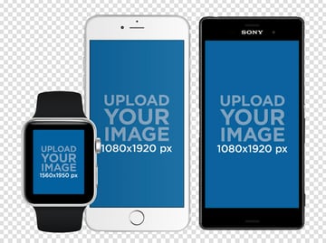 Smartwatch with iPhone 6 and Android Phone Set in Portrait Position Mockup