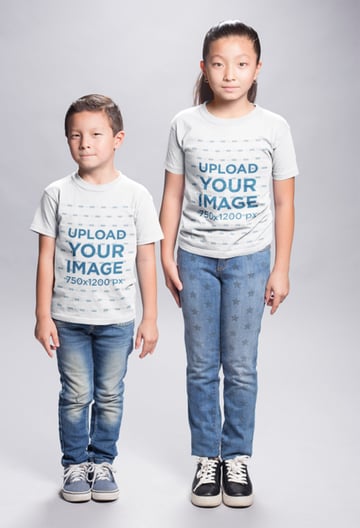 Asian Kids Wearing T-Shirts Mockup in a White Room