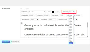 Setting font-size in the dashboard