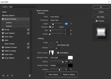 example of make default and reset to default options