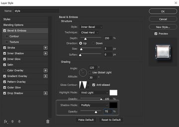example of shadow mode and opacity settings