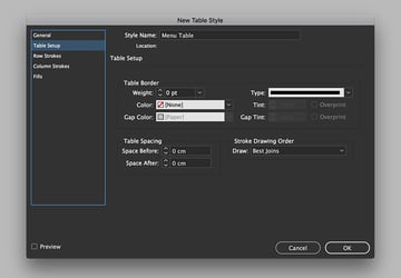 set the table setup option
