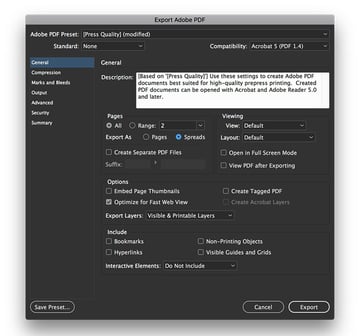 select press quality as PDF preset and Export As Spreads