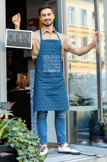 Apron Mockup of a Man Opening a Door