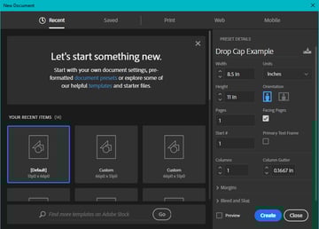 InDesign new document