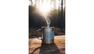 Outdoor Mockup Featuring an AI-Created Aluminum Mug Placed on a Wooden Surface