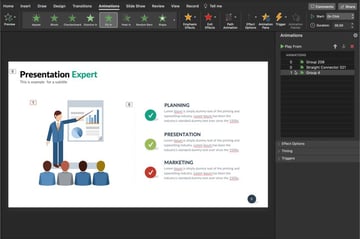 In this screenshot, you can see that I've selected a text box, in this PowerPoint template and chosen the Fly In effect to add to the text box.