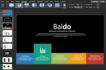 The star icon next to the slide thumbnail shows slides in this PowerPoint template that have transition effects applied.