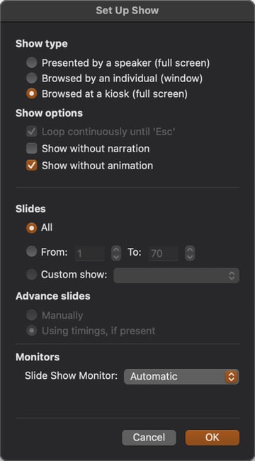 In the Set Up Show window check the box show without animation to remove all animation.