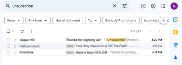 Use Gmail Search box to find unsubscribe emails step 2