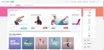 A screenshot from inside the FitOn browser-based fitness app. The user can select from a multitude of exercise classes and programs.