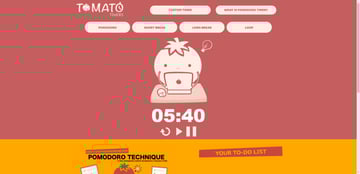 A screenshot from inside the Tomato Timers browser app. It shows a ticking clock, letting the user know how many minutes remain before their break.