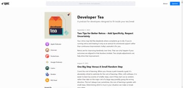 The most recent episodes from the Developer Tea podcast are shown
