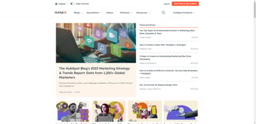 This is the main page for all of the HubSpot blogs. Users can narrow down their search by going to one of the specific content hubs for Marketing, Sales, Service, Website, the Hustle, or AI