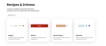 The Yelp style guide includes a section called "Recipes & Entrees" that shows how components are providing the moving pieces and instructions on how to use them