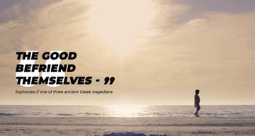 Beach landscape in the background with bold, black text on top.