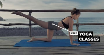 Background image of a woman doing yoga. Black and white text boxes on top and a line pointing to the middle of the screen.
