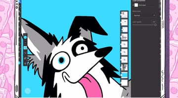 Adobe Fresco tutorials​: Sketch of Emma the Border Collie with color in her eyes.