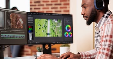 Image of filmmaker editing audio film montage from Envato Elements.