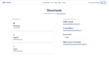 Audacity website downloads page thumbnail for article on how to record desktop audio with audacity.