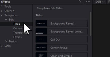 User accessing Title section of Effects Menu for article on how to use DaVinci Resolve templates.