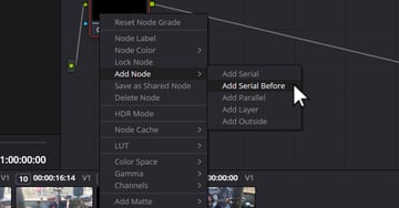 User selecting Add Serial Before Menu Option for DaVinci Resolve denoise techniques.