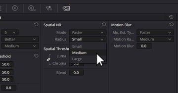 User adjusting Spacial threshold to Medium for article covering DaVinci Resolve and how to denoise.