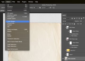 use the color range selection to get a rough mask based on the paper texture