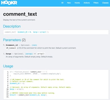Hookr WordPress Plugin - WordPress comment_text function description