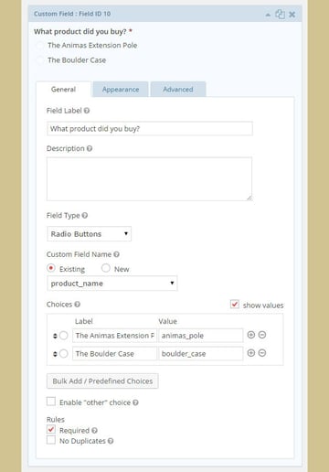 Entering product choices as a custom field in Gravity Forms