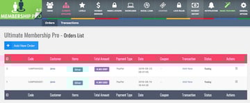 The Orders List screen displays information about all of the subscriptions that have been purchased