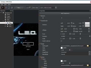 UI Editor with loaded canvas - Hierarchy and Properties pane