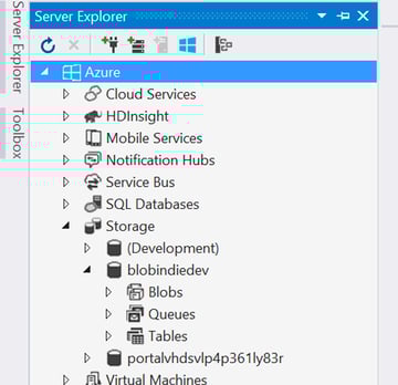 Blob storage menu in Visual Studio