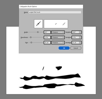 using pressure settings with an angled flat brush