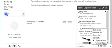 Available Gmail tasks lists at the bottom of the List popup menu