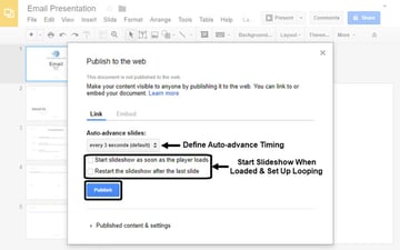 Google Slides Link Tab in Publish to the Web dialogue box