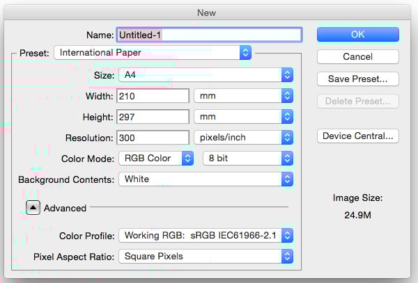 adobe photoshop create new document sketch illustration a4 international paper resolution 300 command n pixel inch