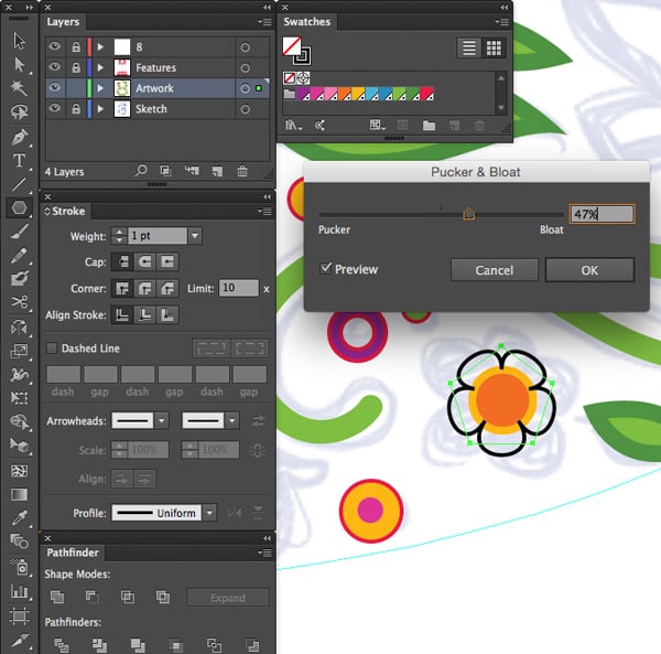 Effect Distort Transform Pucker Bloat adobe illustrator polygon tool percentage create flowers